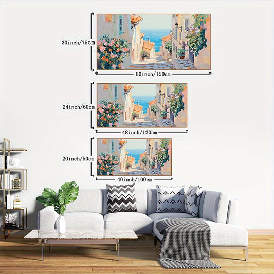2D Flat, 1pc Large Framed Mediterranean Coastal Village Canvas Art - Modern Art Deco Wall Decor with Vibrant Colors