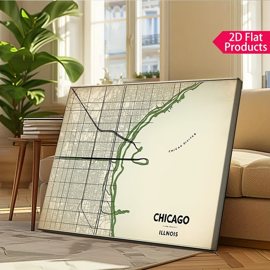 2D Flat, Vintage Chicago City Map Canvas Poster - Beige\u002FBlack\u002F Green Color Scheme - Wrapped Canvas Framed Wall Art